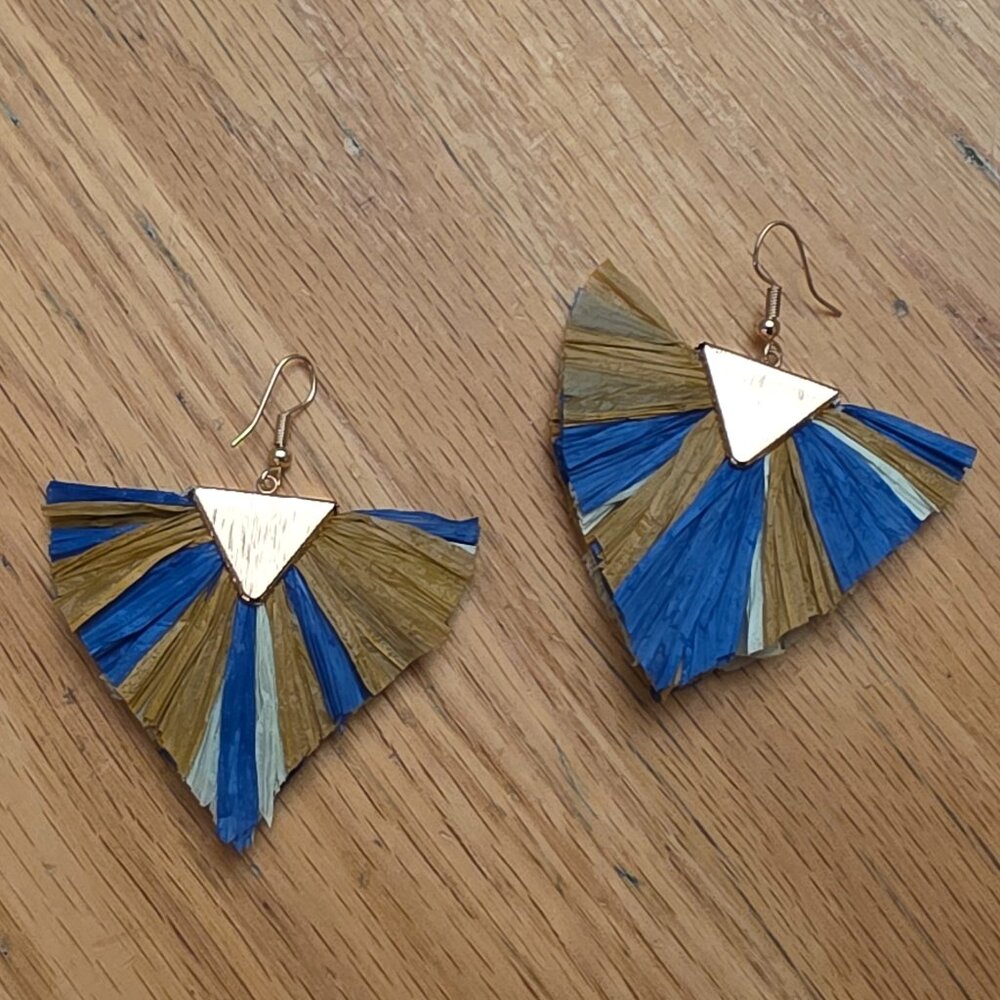 Etsy Blue/Brown Triangle Straw Tassel Drop Dangle Earrings